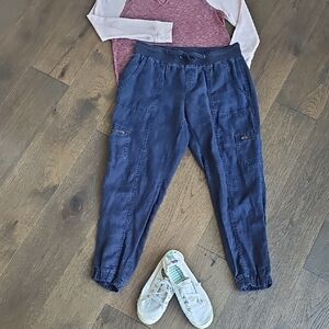 Athleta 100% Linen Cargo Jogger Pants Size 8 Drawstring Waist Casual Coastal